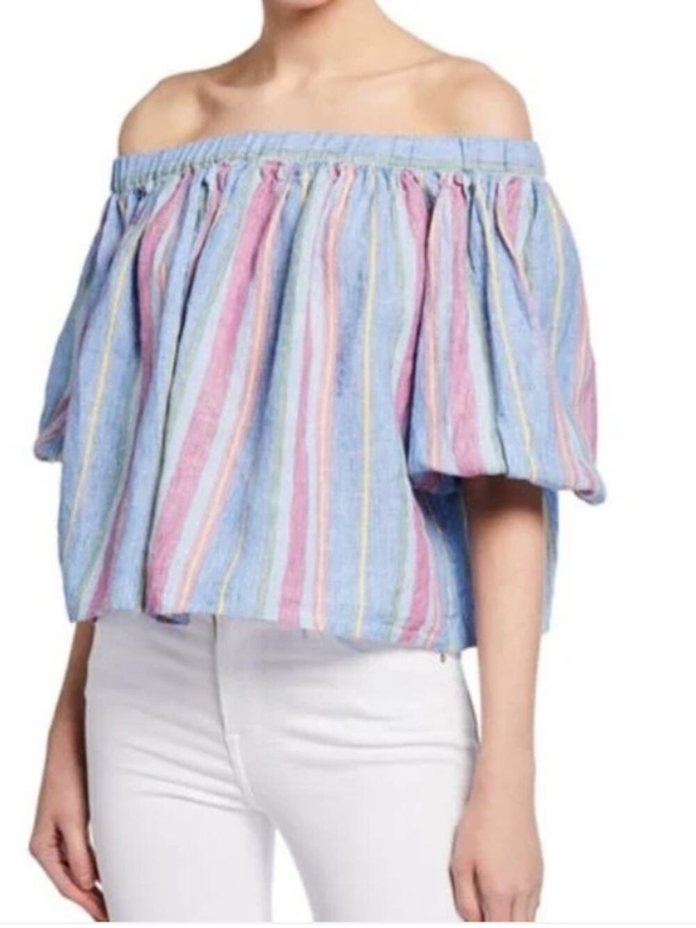 Frame Linen Off-Shoulder Striped Blouse Top Blue Pink size medium